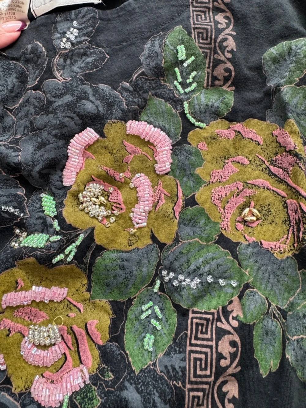 Black Short-Sleeve Graphic print Tee with Floral Beading - Picture 4 of 7
